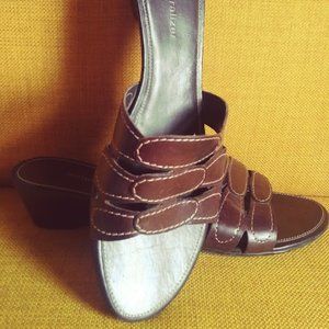 Naturalizer Brown Leather Heeled Slip-on Slides Sandals Sz 9.5M